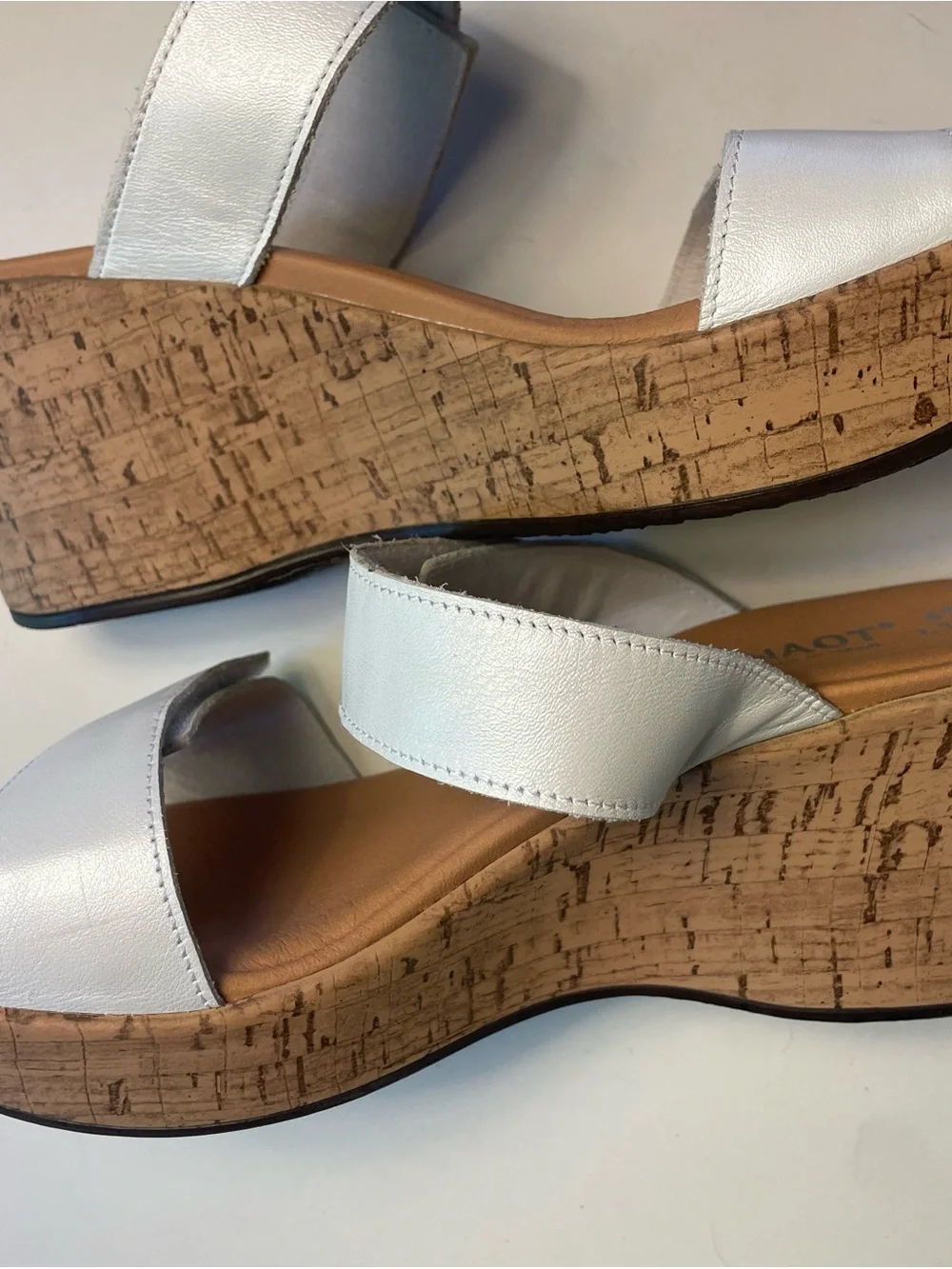 Naot White Leather Cork Wedge Sandals with Velcro Straps